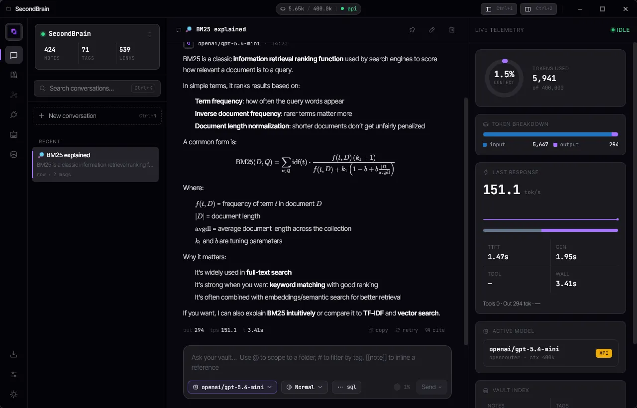 The PKMA desktop app answering a question from a local SecondBrain vault, with a live telemetry panel showing tokens used, throughput, and the selected model provider.